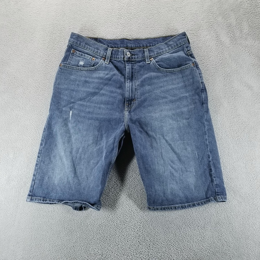 Levis 569 Jean Shorts‎ Mens 34 Blue Denim Relaxed Bermuda 11" Distressed Comfort